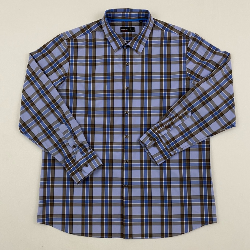 Quieti Performance Blue and Brown Plaid Button Down Shirt